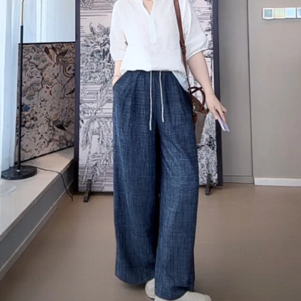 【U.M】高支麻直筒拼接抽绳舒适休闲裤