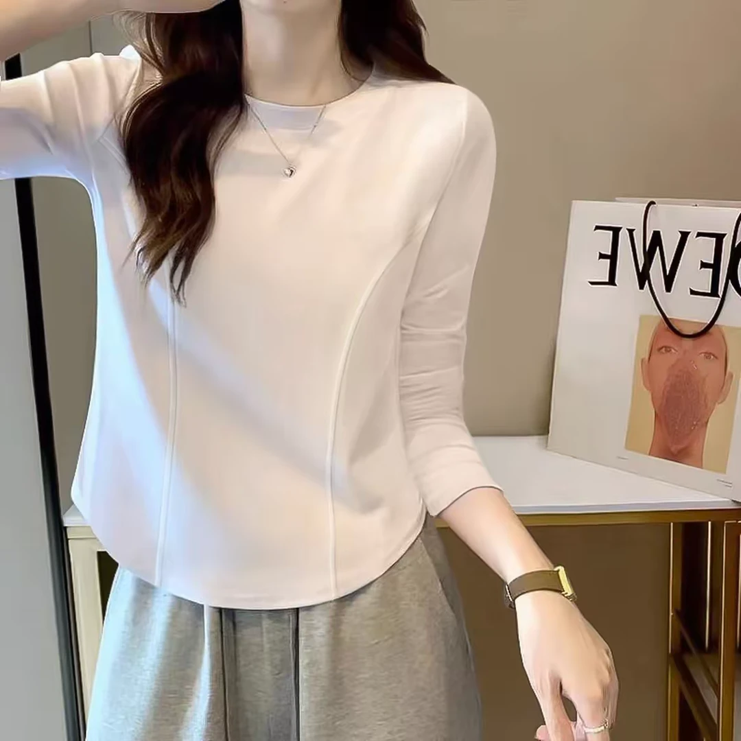 白色长袖T恤女鱼骨修身显瘦春秋薄款新款圆领打底衫内搭上衣