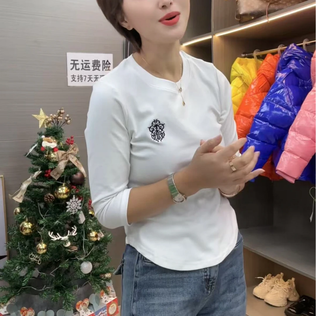 [女王团专享】3105时尚圆领七分袖修身刺绣打底衫百搭显瘦上衣