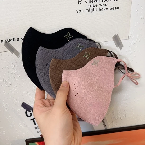 新款气质蕾丝亮钻加厚保暖口罩护眼镜防风防紫外线加绒立体