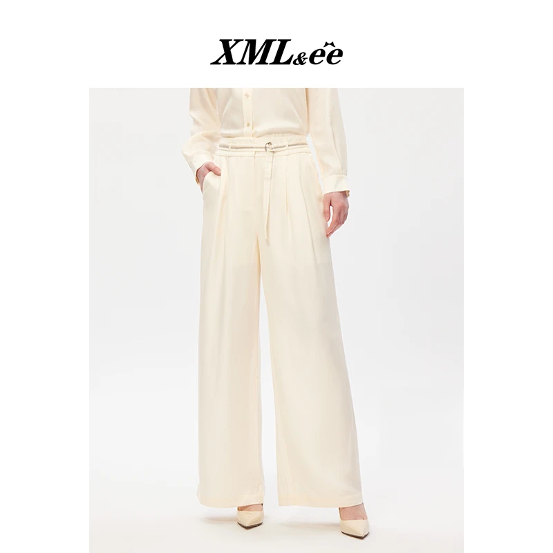 XMLee艾米尔 米白色桑蚕丝高腰百搭梭织裤 X421K4058