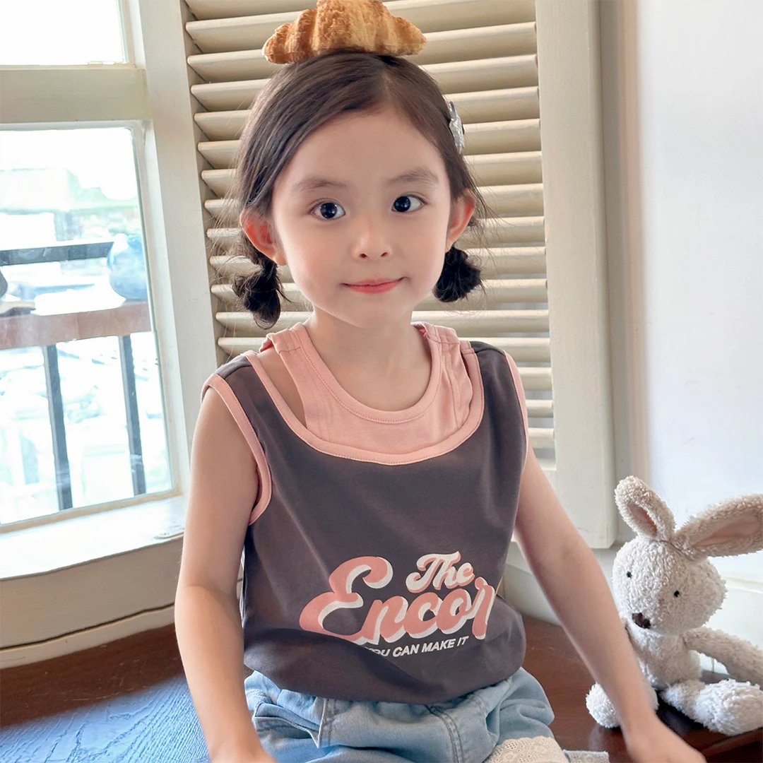 现货【数字假两件T】100棉5326夏装女童假两件短袖女宝百搭无袖T恤