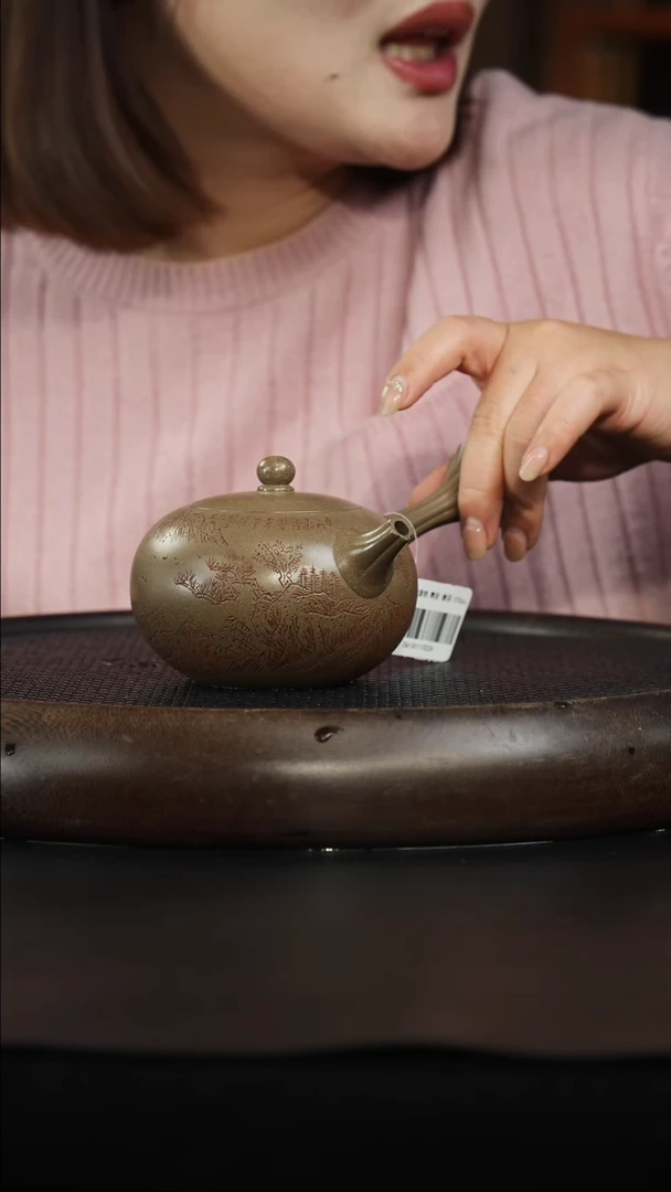 茶壶紫砂蟹壳青 侧把唐羽