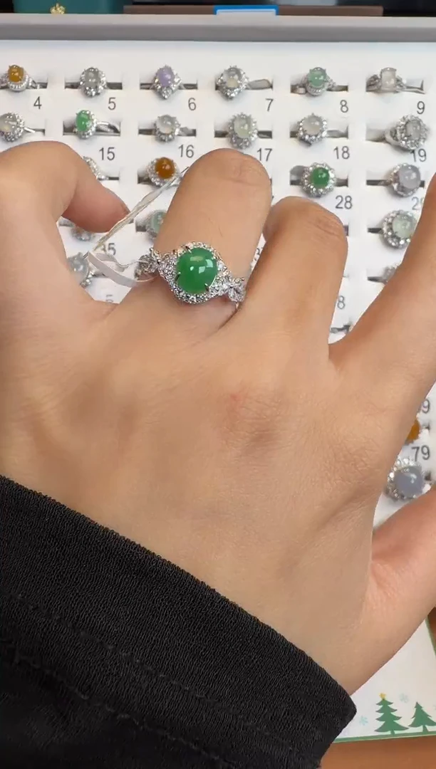 银S925镶嵌戒指翡翠通体925银镶缅甸A货翡翠戒指138