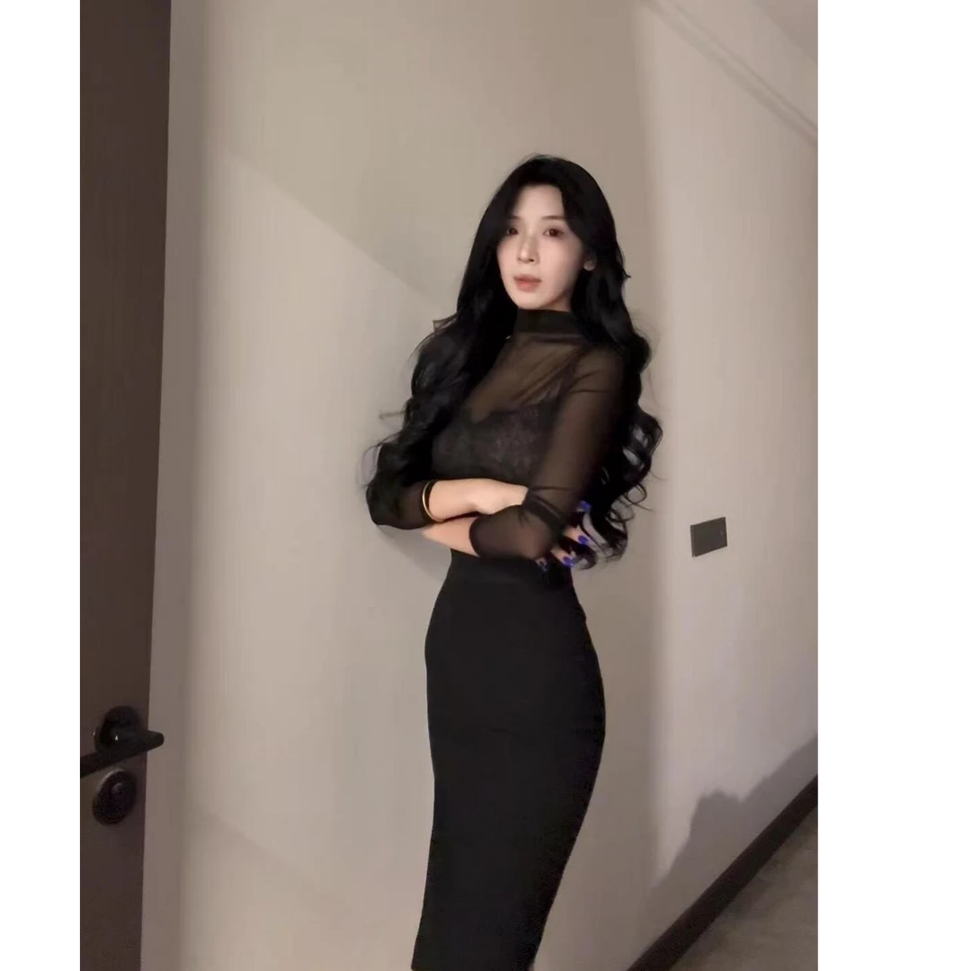 辣妹御姐透视连领长袖女上衣内搭蕾丝吊带抹胸性感半身裙三件套