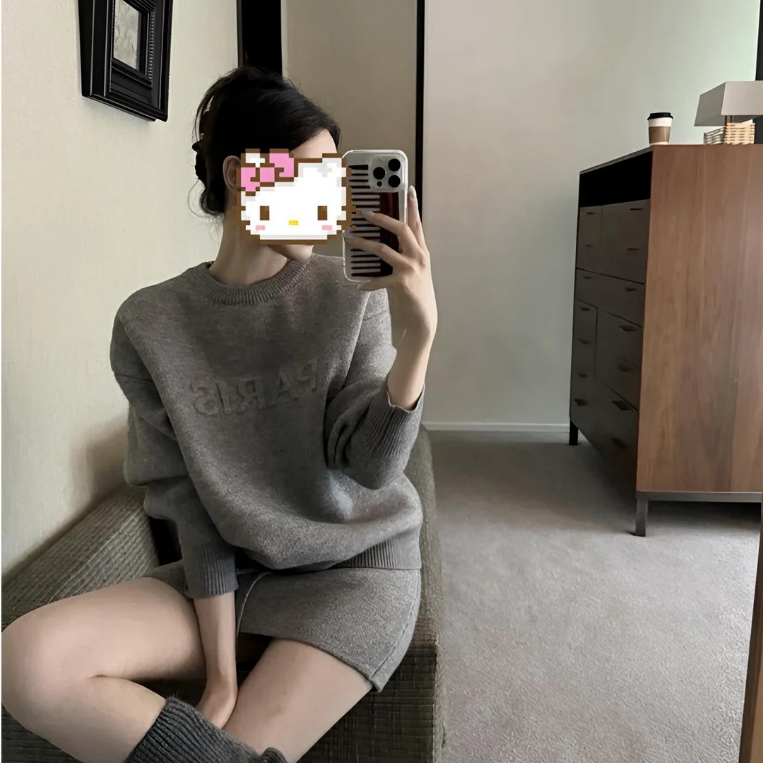 2024秋冬新款套装美式简约慵懒休闲立体字母压印毛衣显瘦气质短裙