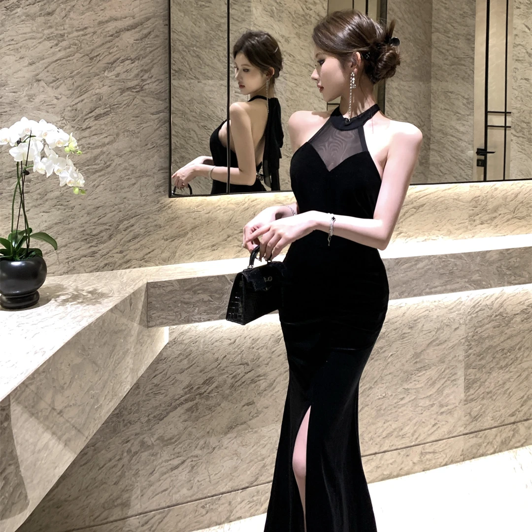 法式高级感网纱镂空挂脖连衣裙女气质名媛收腰包臀开叉宴会礼服裙