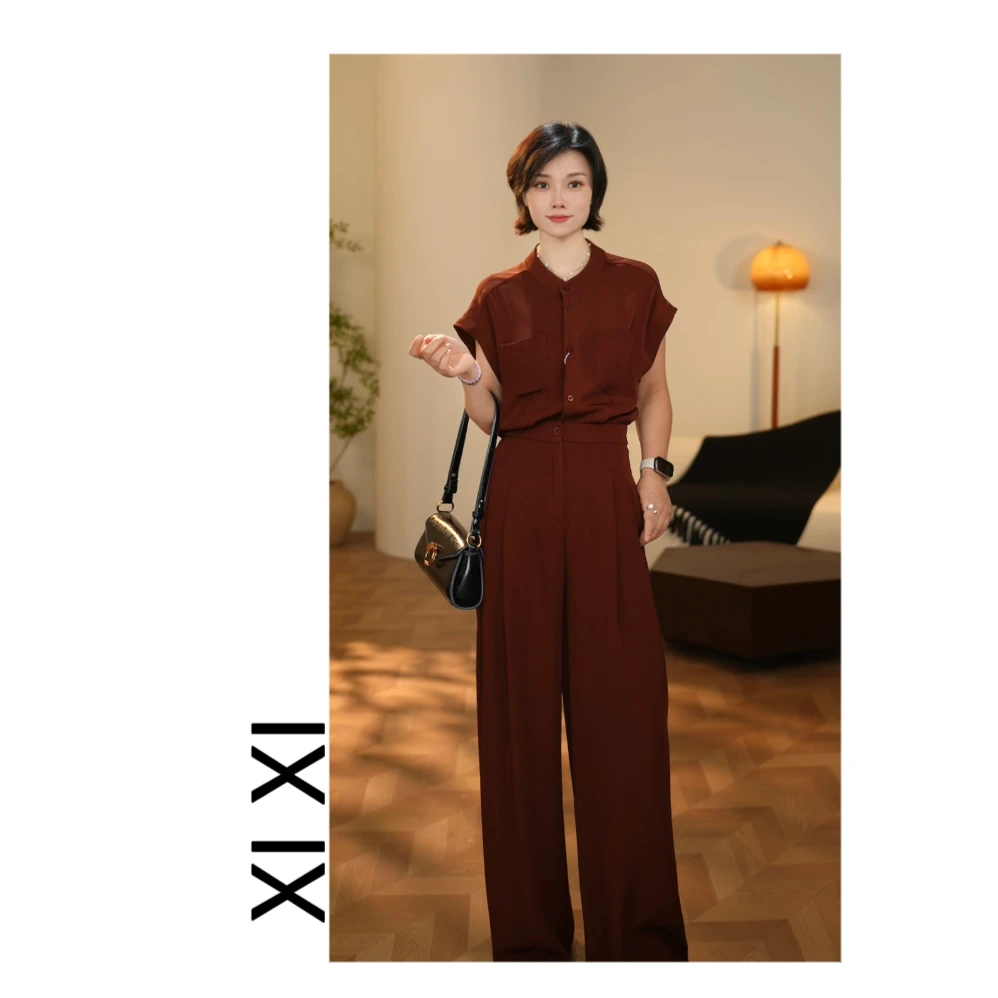 Xi25458高级2025设计感无袖显瘦女神上衣+直筒裤套装女两件套