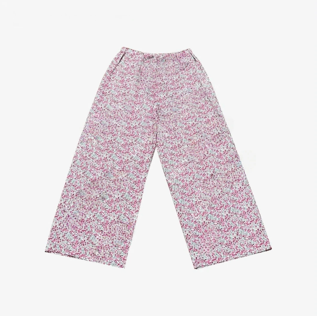 【LLE】复古白底小碎花棉质松紧腰休闲阔腿裤10190