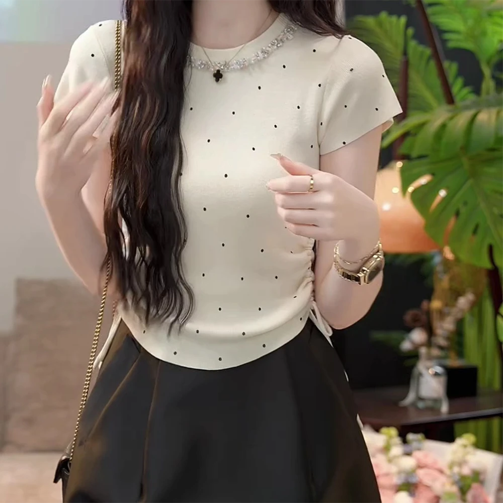 【花漾甜心】小香风镶钻重工波点修身显瘦短袖t恤短款百搭圆领