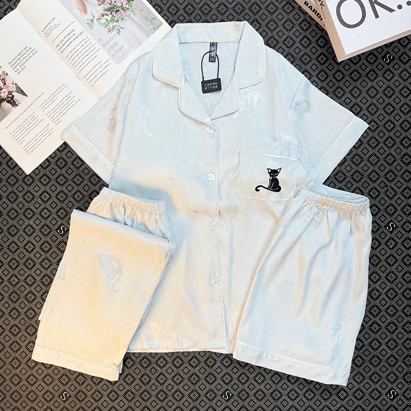 【1号链接】睡衣女夏冰雪丝睡衣带胸垫短袖翻领三件套家居服