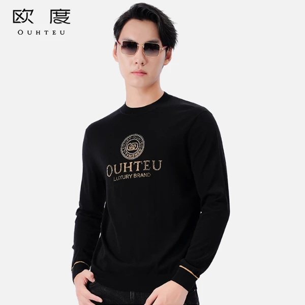 OUHTEU/欧度【100绵羊毛】秋冬精致烫钻品牌logo舒适亲肤毛衫1425