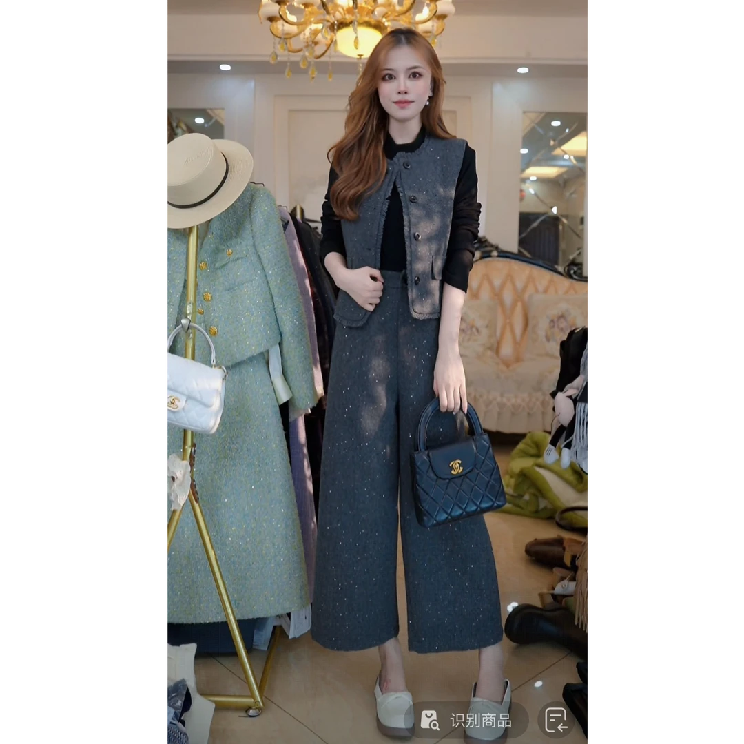 休闲休闲风时尚套装秋冬网红洋气气质上衣阔腿裤女装A71056