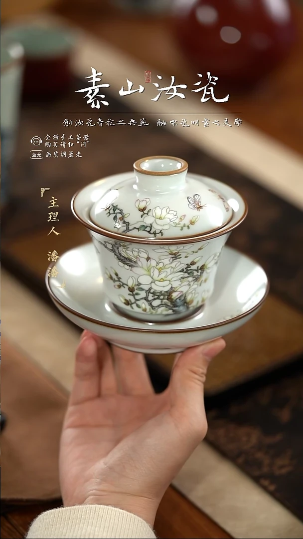 杯柴窑藏器珐琅彩玉兰花马蹄三才盖碗