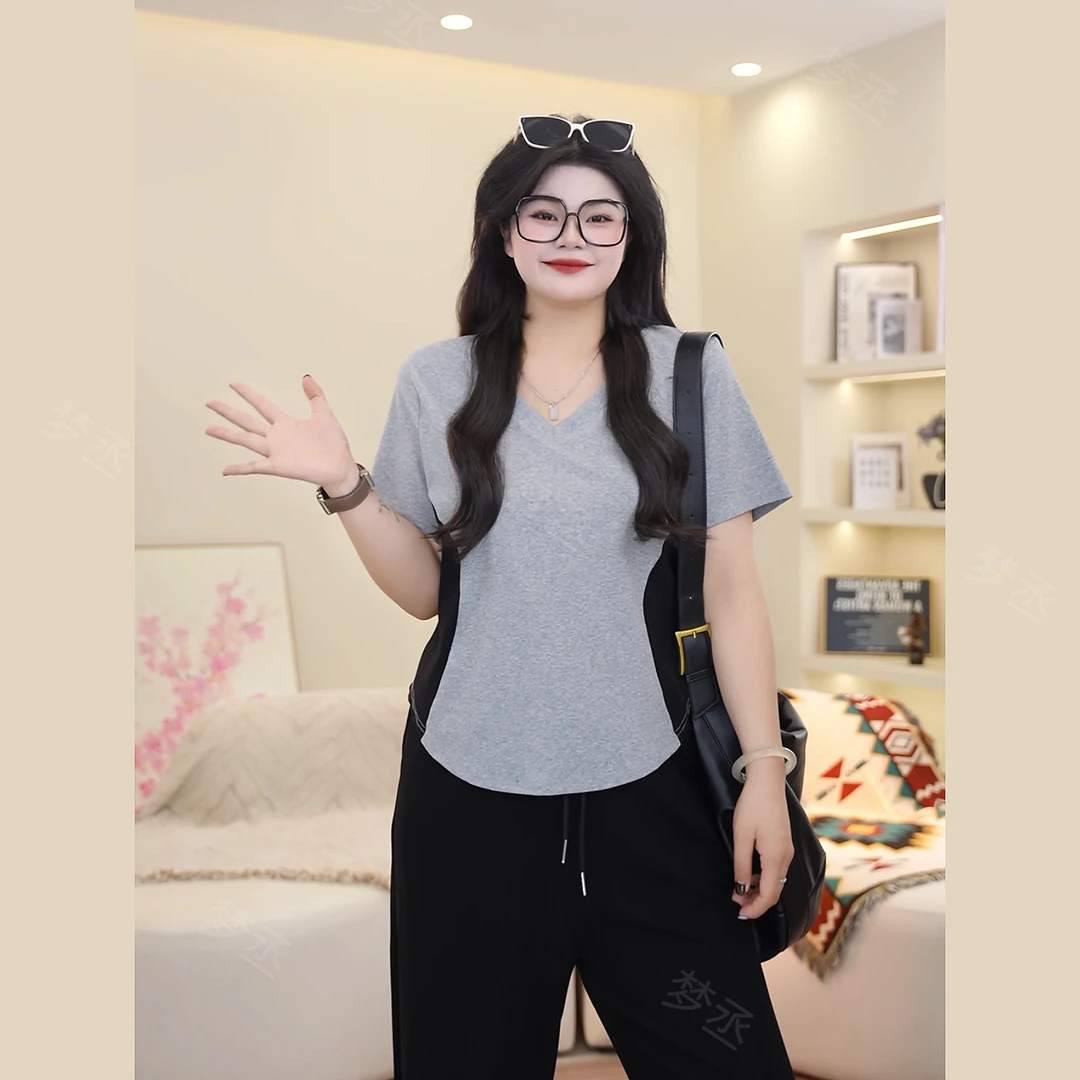 梦丞-大码女装夏季V领高级感撞色气质收腰显瘦遮肉百搭短袖T恤