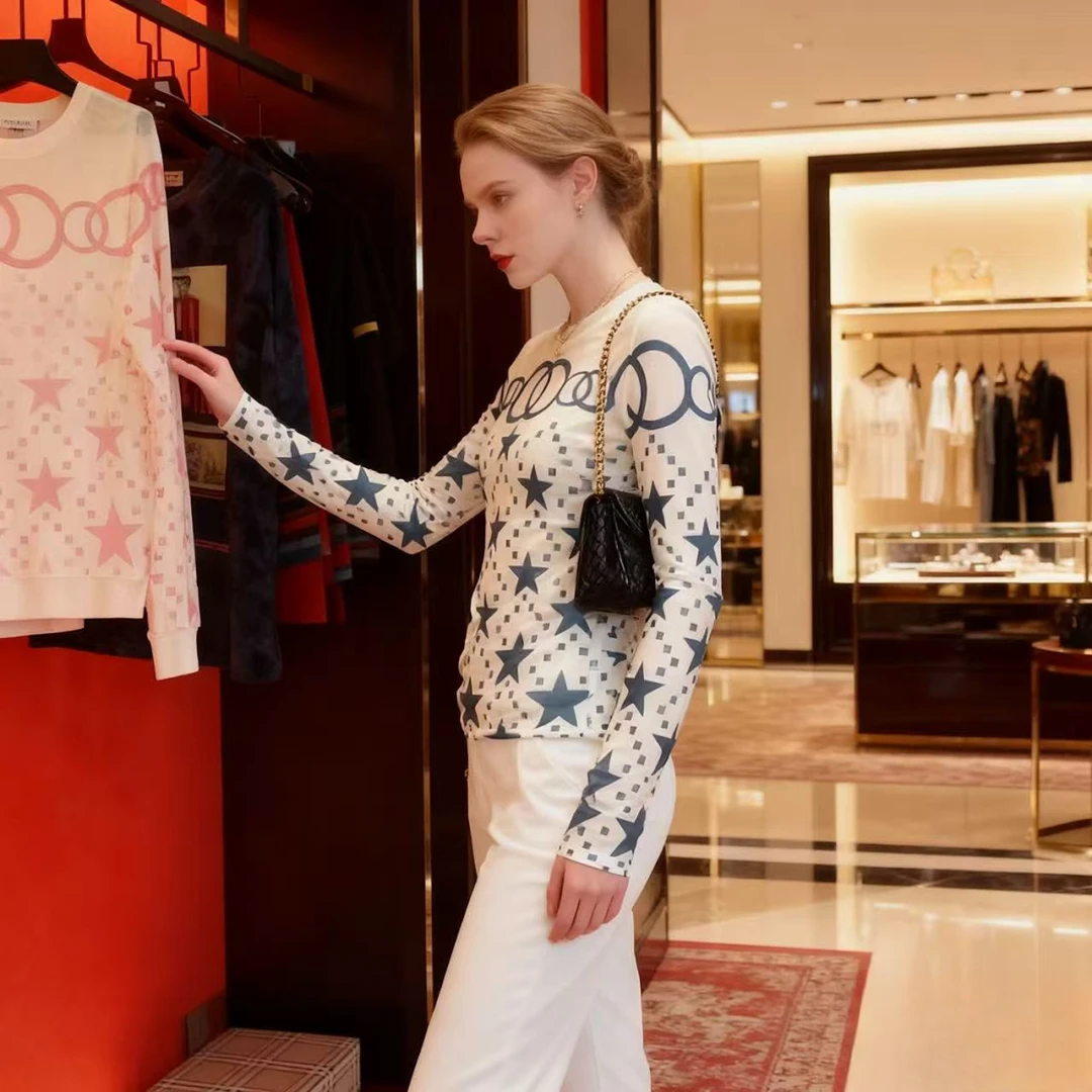 JNJA蓝色女士休闲高级感双层网纱上衣女薄款T恤-8821