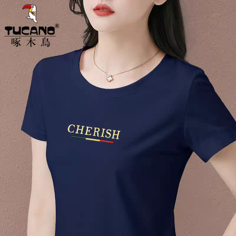 啄木鸟正品高端纯棉短袖t恤女装2025新款潮夏季爆款显瘦正肩上衣