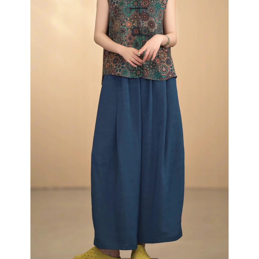 「烟青裤」中国风春夏款休闲风显瘦气质宽松版长裤蓝色飘逸复古提花