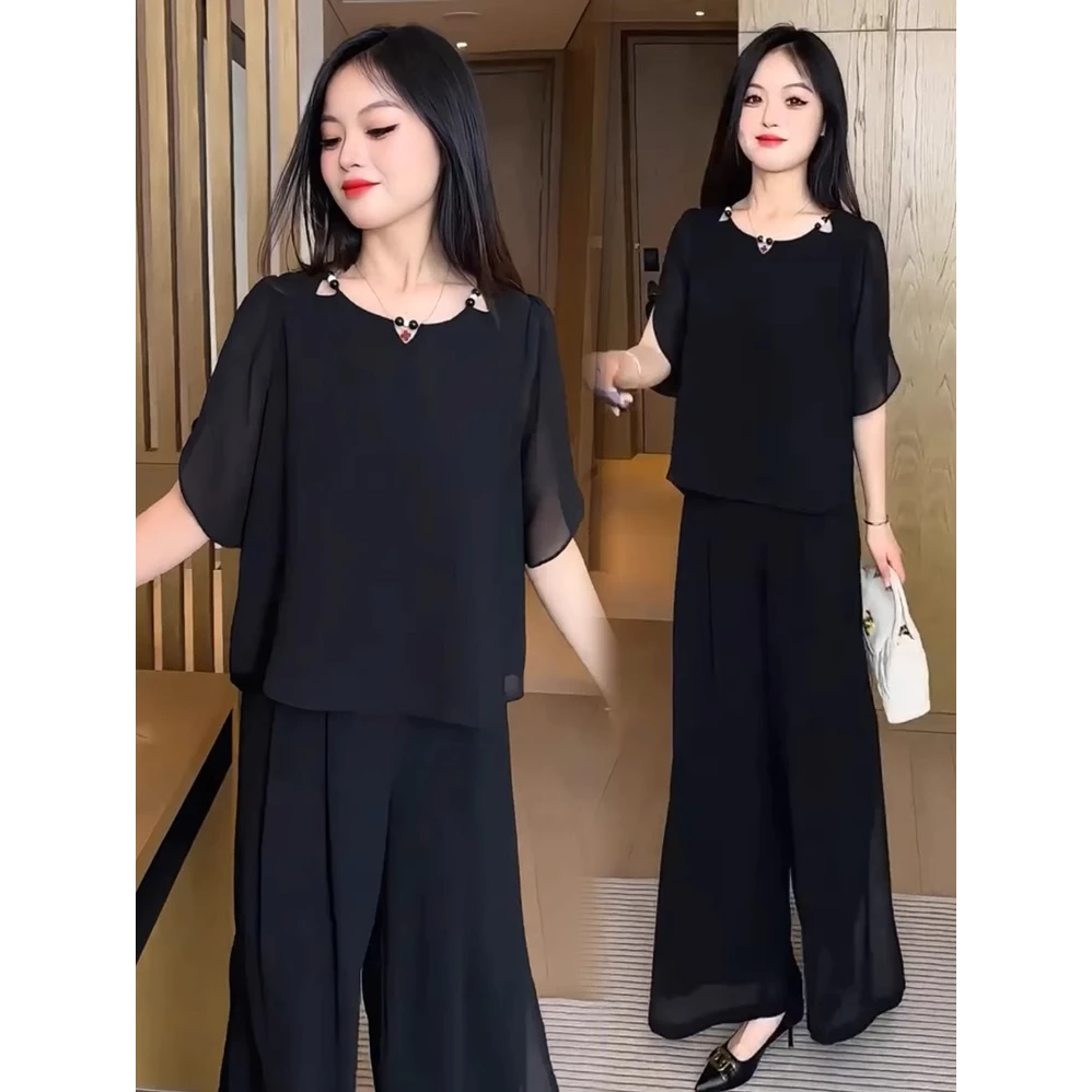 时尚雪纺套装女2025夏季新款时髦洋气宽松短袖上衣阔腿裤两件套潮