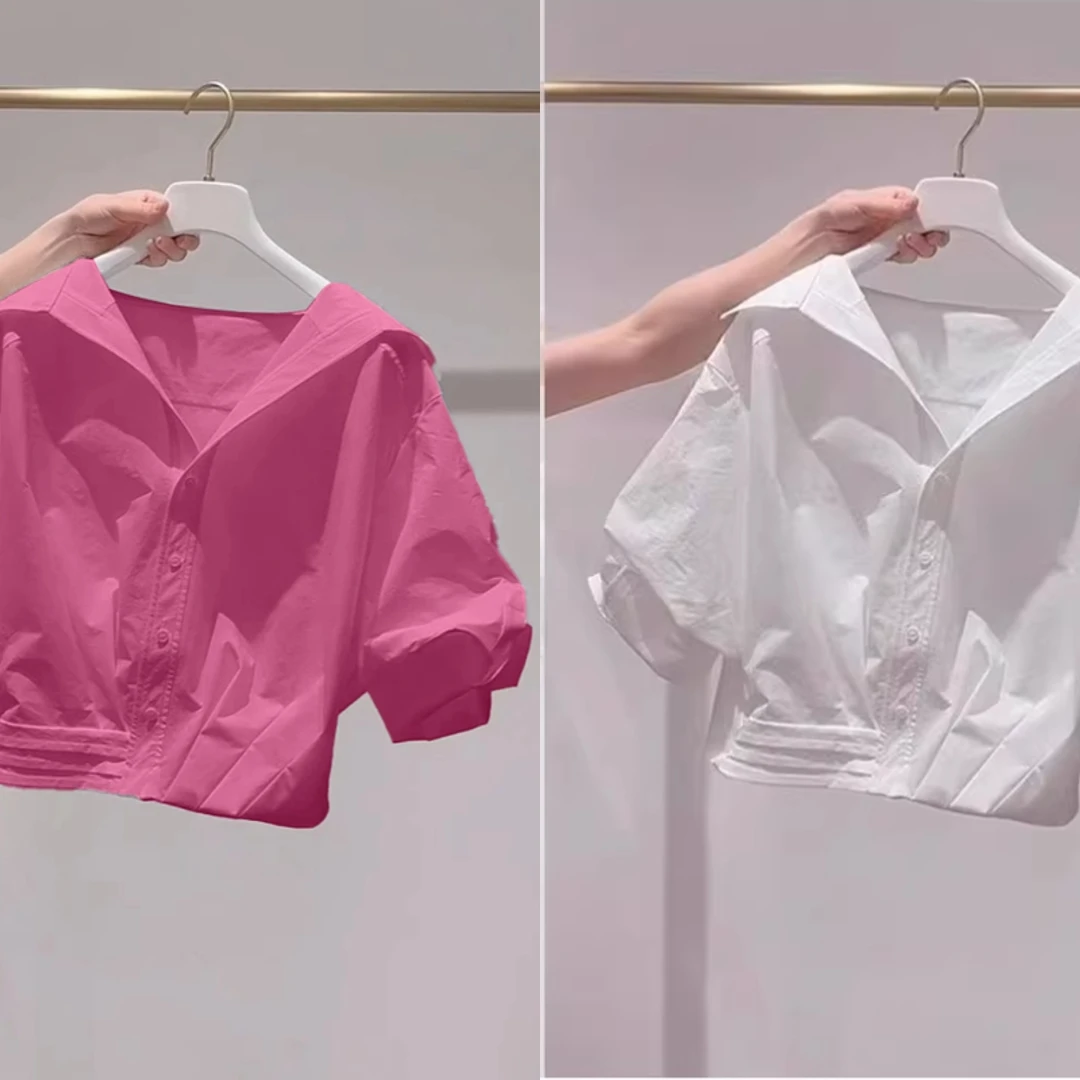 巨好看树莓粉翻领泡泡袖衬衫女夏季爆款ins风宽松多巴胺短款衬衣