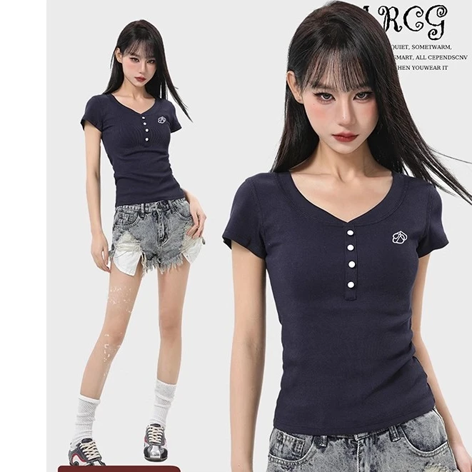 藏青色正肩v领针织短袖t恤女夏季美式修身紧身短款辣妹小上衣夏款