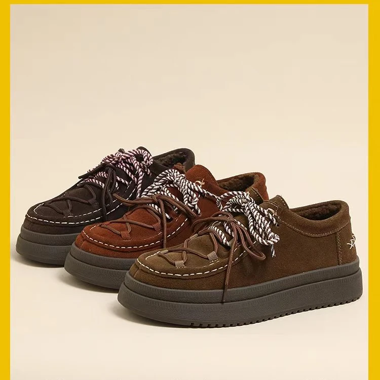 真皮休闲复古美拉德双鞋带厚底乐福棉鞋冬季保暖加绒豆豆板鞋698