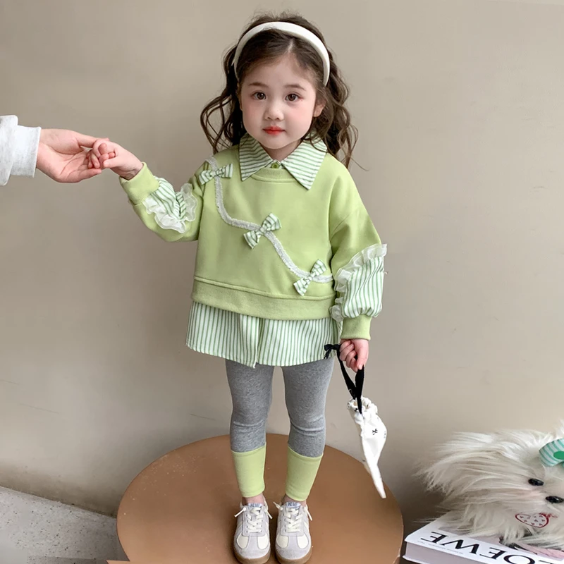 女童2025春季新款套装韩版甜美蝴蝶结花边拼接衬衫打底裤两件套