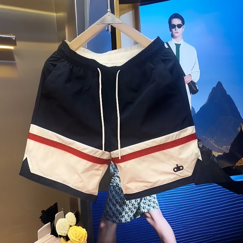 夏季薄款拼色条纹字母刺绣速干短裤男时尚百搭宽松休闲运动五分裤