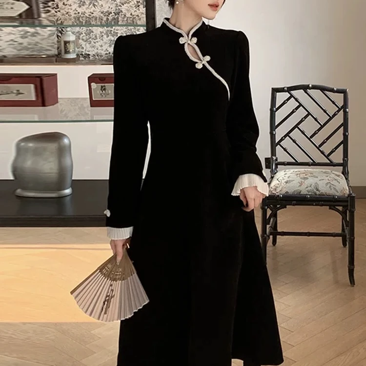 大大-气质长袖显瘦收腰百搭连衣裙