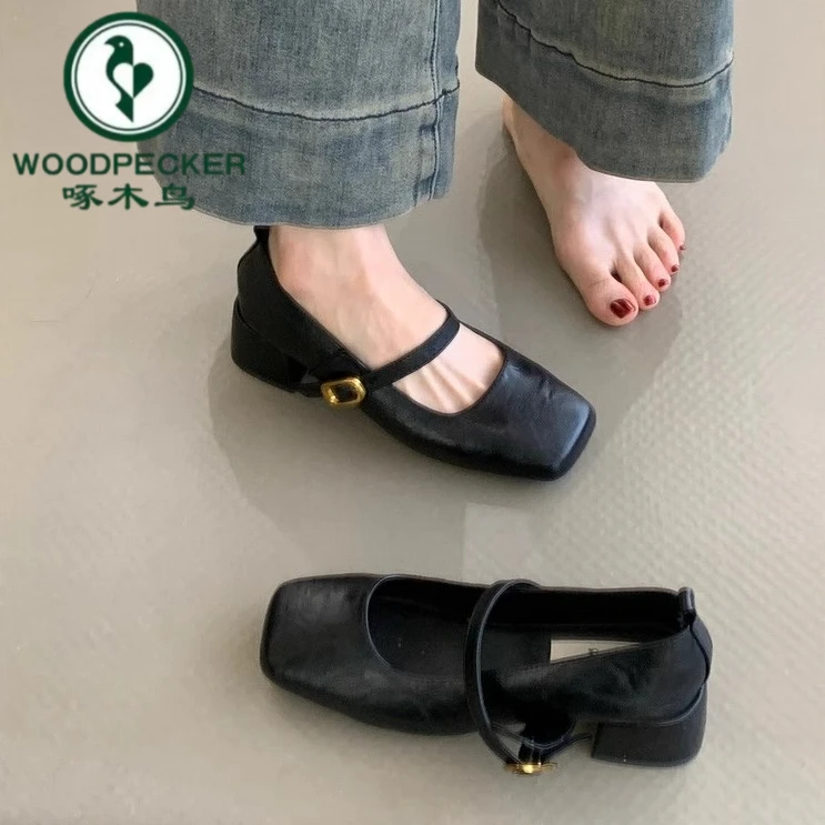 啄木鸟方头气质粗跟玛丽珍单鞋女2025新款春秋季复古中高跟晚晚鞋