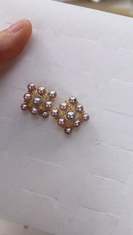 【闪购商品】淡水珍珠耳饰合金紫色棋盘