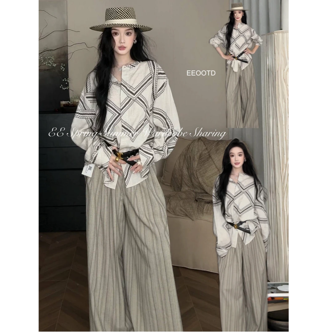 MARIE.COCO复古衬衫女2025廓形衬衣开衫休闲百搭上衣休闲长裤套装