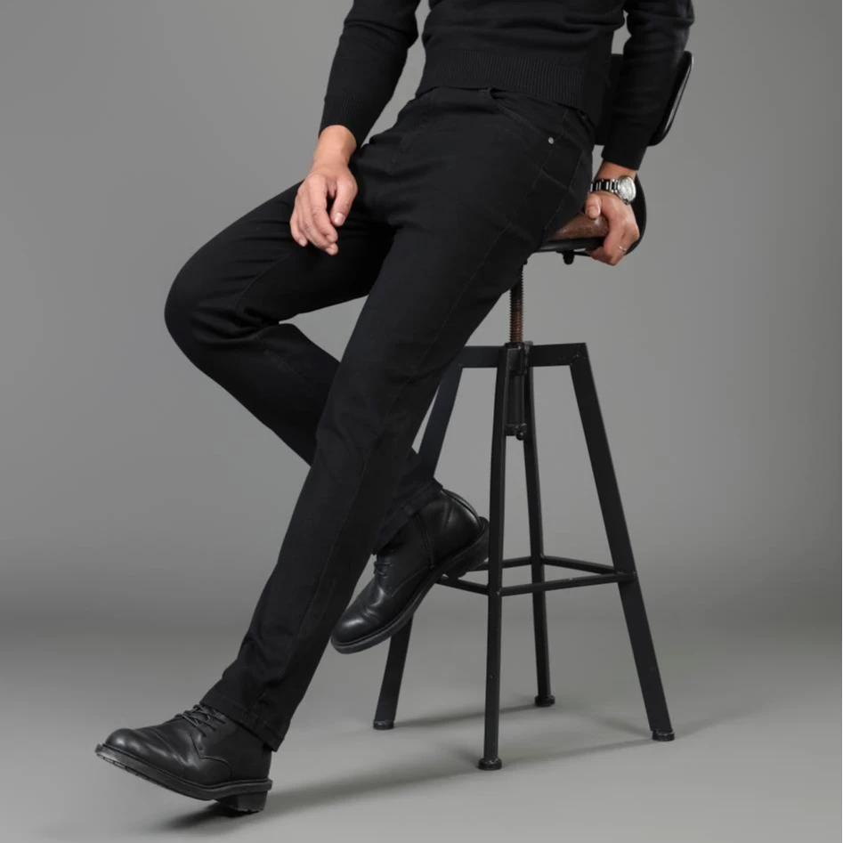 秋冬季男士纯黑商务直筒男士休闲牛仔裤高腰宽松修身男裤小黑牛