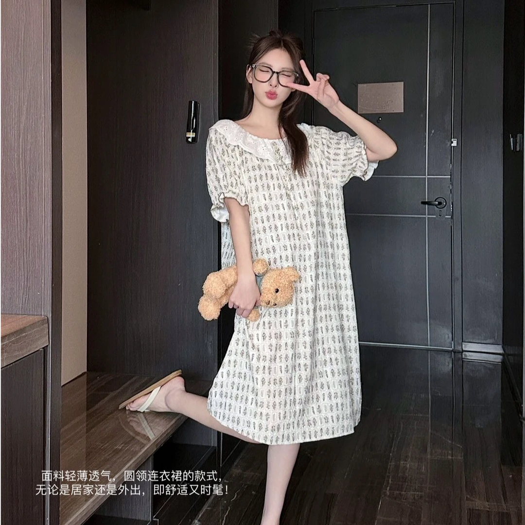 夏季纯棉短袖睡裙女士蕾丝花边薄款纱布家居服中长款睡袍宽松休闲