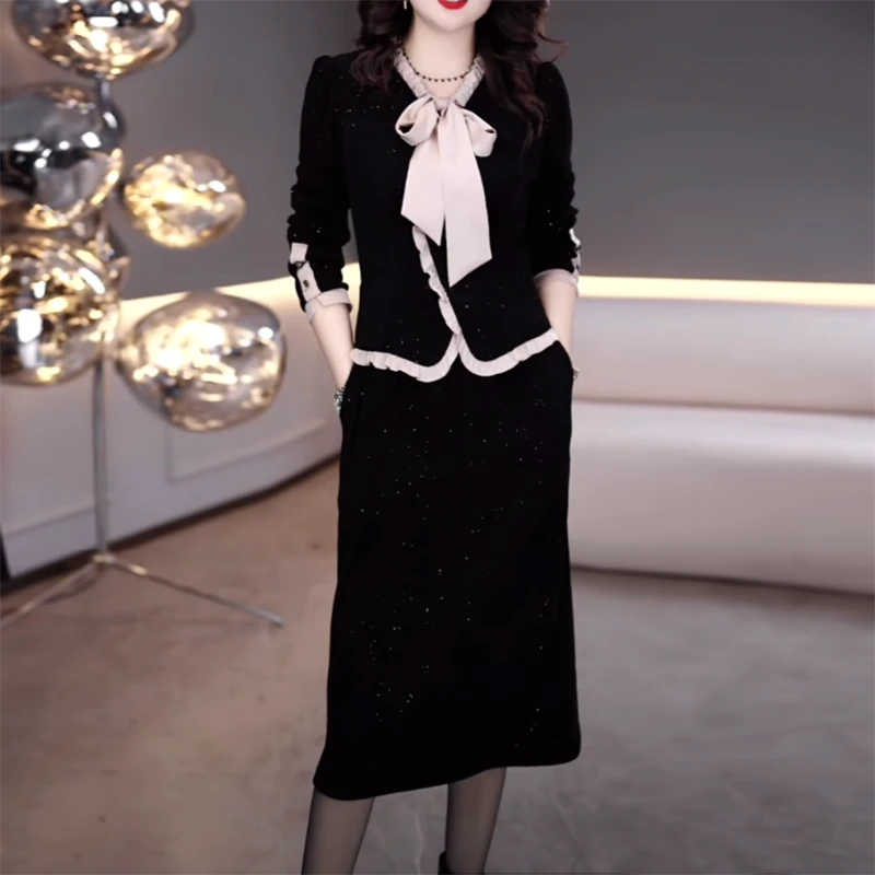 雪尼尔轻奢高端打底裙2025秋冬时尚洋气收腰显瘦加厚假两件连衣裙