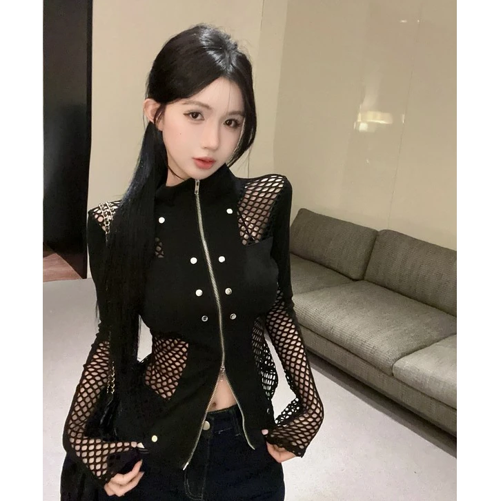 美式辣妹重工柳丁翻领裸空网纱拼接上衣女长袖拉链开衫配显瘦长裤