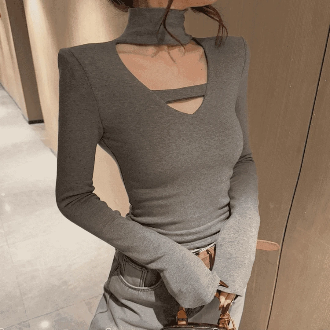 纯欲风镂空半高领打底衫2025冬季新款设计感修身显瘦百搭T恤上衣