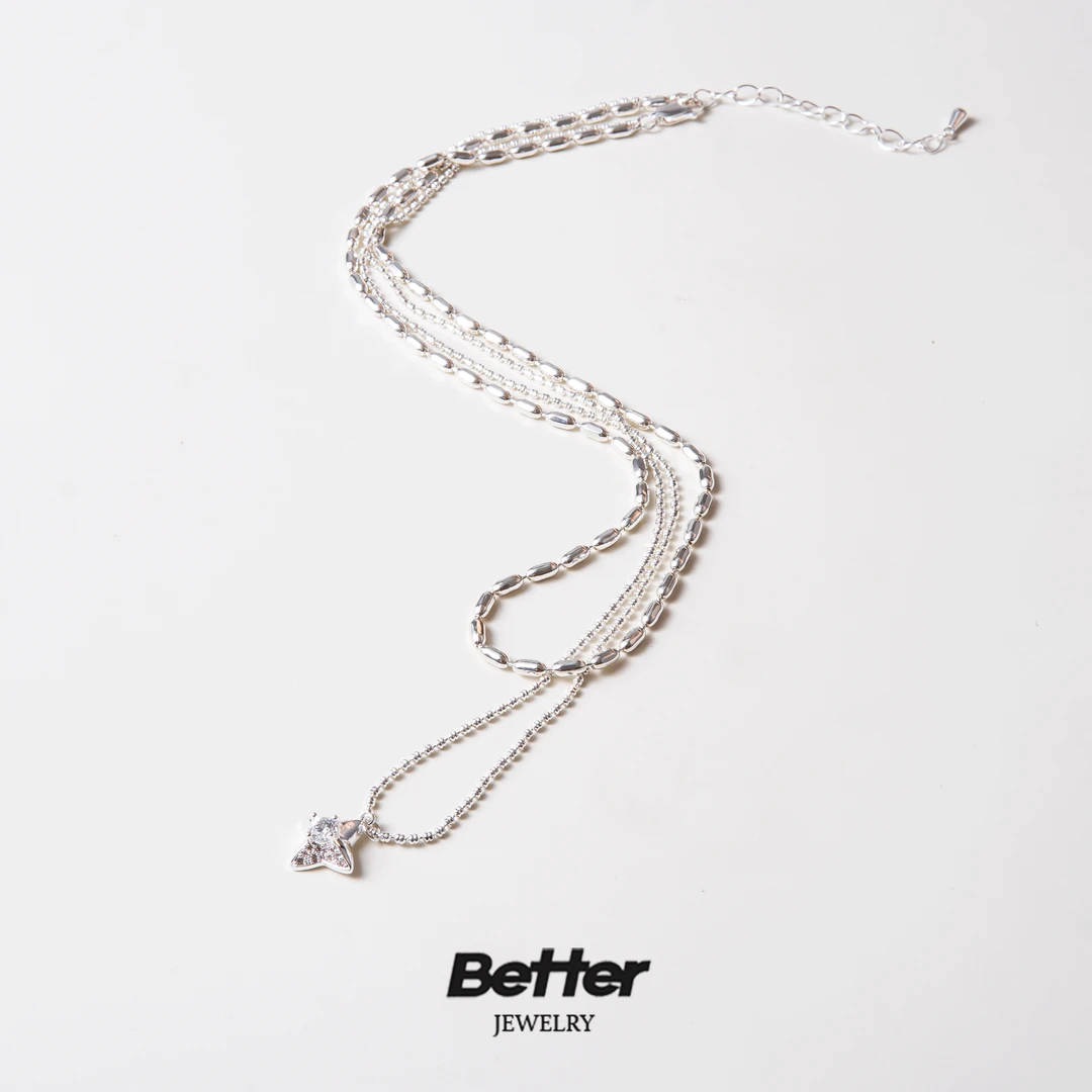 铜合金项链 D402  双层米珠四叶花项链