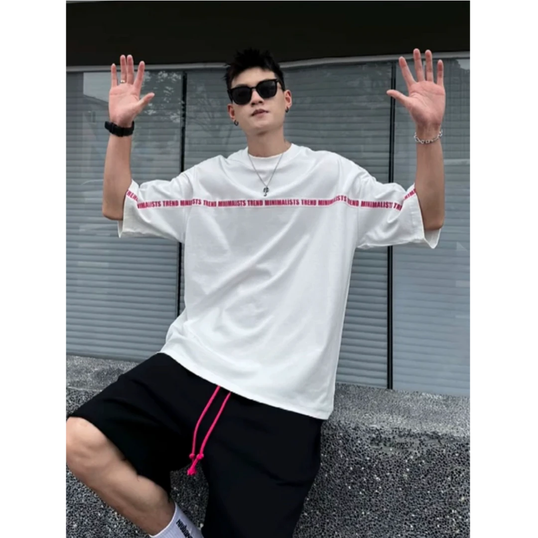夏季新款美式潮牌字母拼接休闲短袖男高级设计感宽松圆领T恤半袖