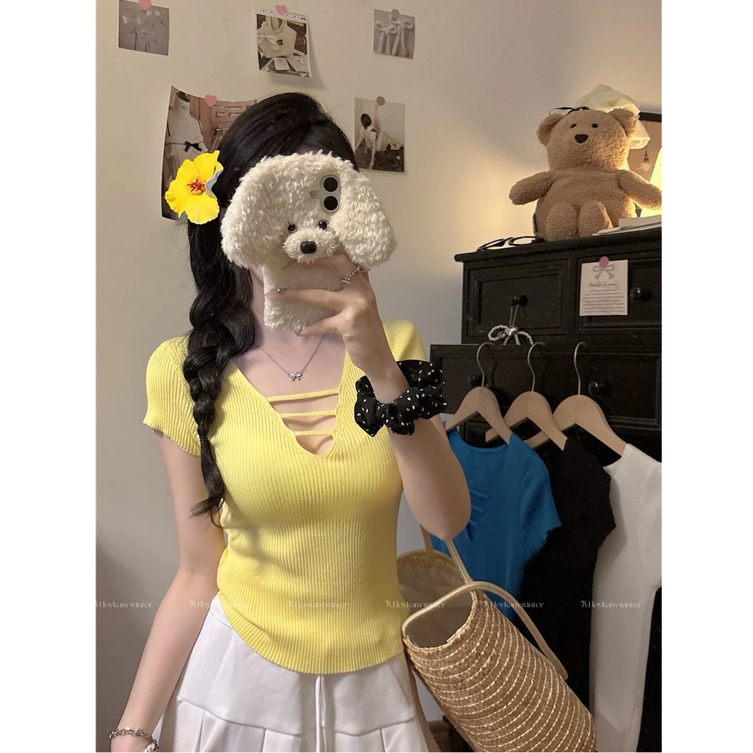 黄色甜辣妹短袖V领针织衫T恤夏季修身百搭设计感女上衣夏