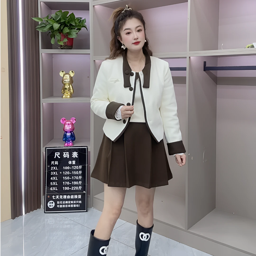 207大码女装三件套秋冬新款轻熟风法式时尚千金风百搭百褶裙