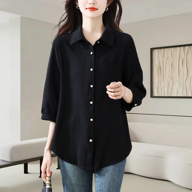 中长款黑色翻领短袖衬衫女2025夏季新款时尚洋气宽松显瘦休闲上衣