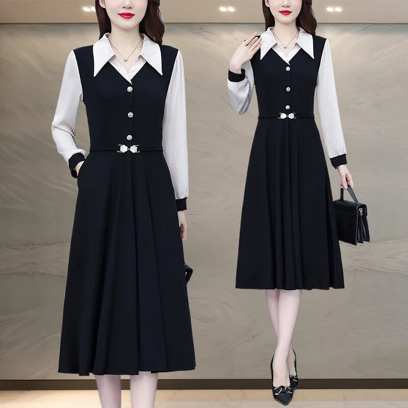 有口袋大码女装长袖连衣裙春季新款爆款高档气质显瘦时尚黑色裙子