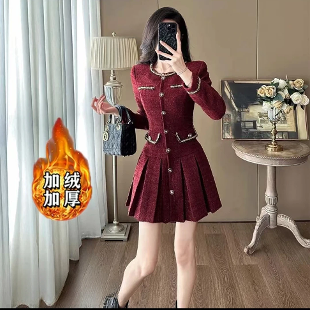 【加绒加厚】秋季轻熟风百褶裙时尚收腰设计小香风连衣裙LJ0215