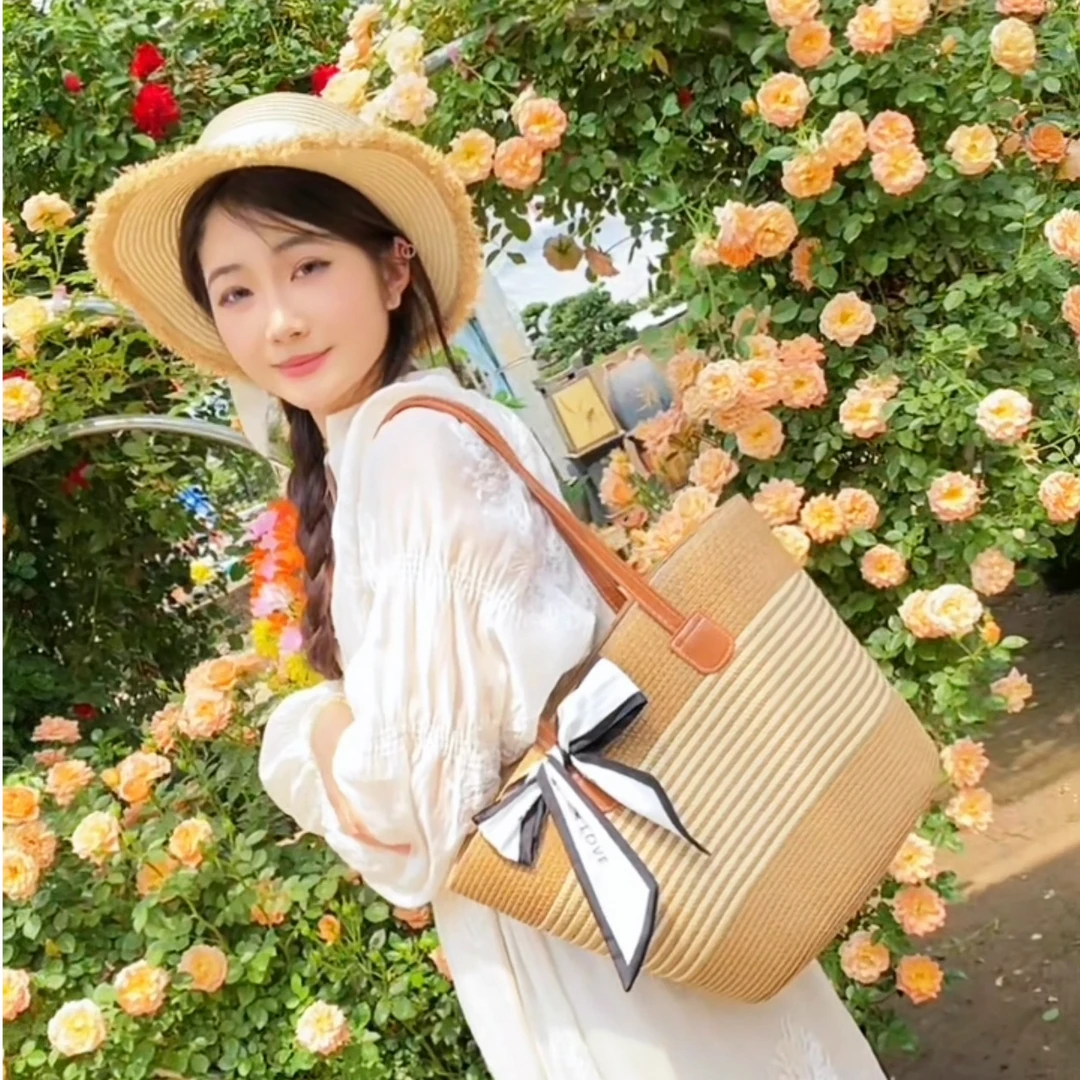 2025大爆款草编包夏季条纹包大容量草编托特单肩包通勤百搭沙滩包