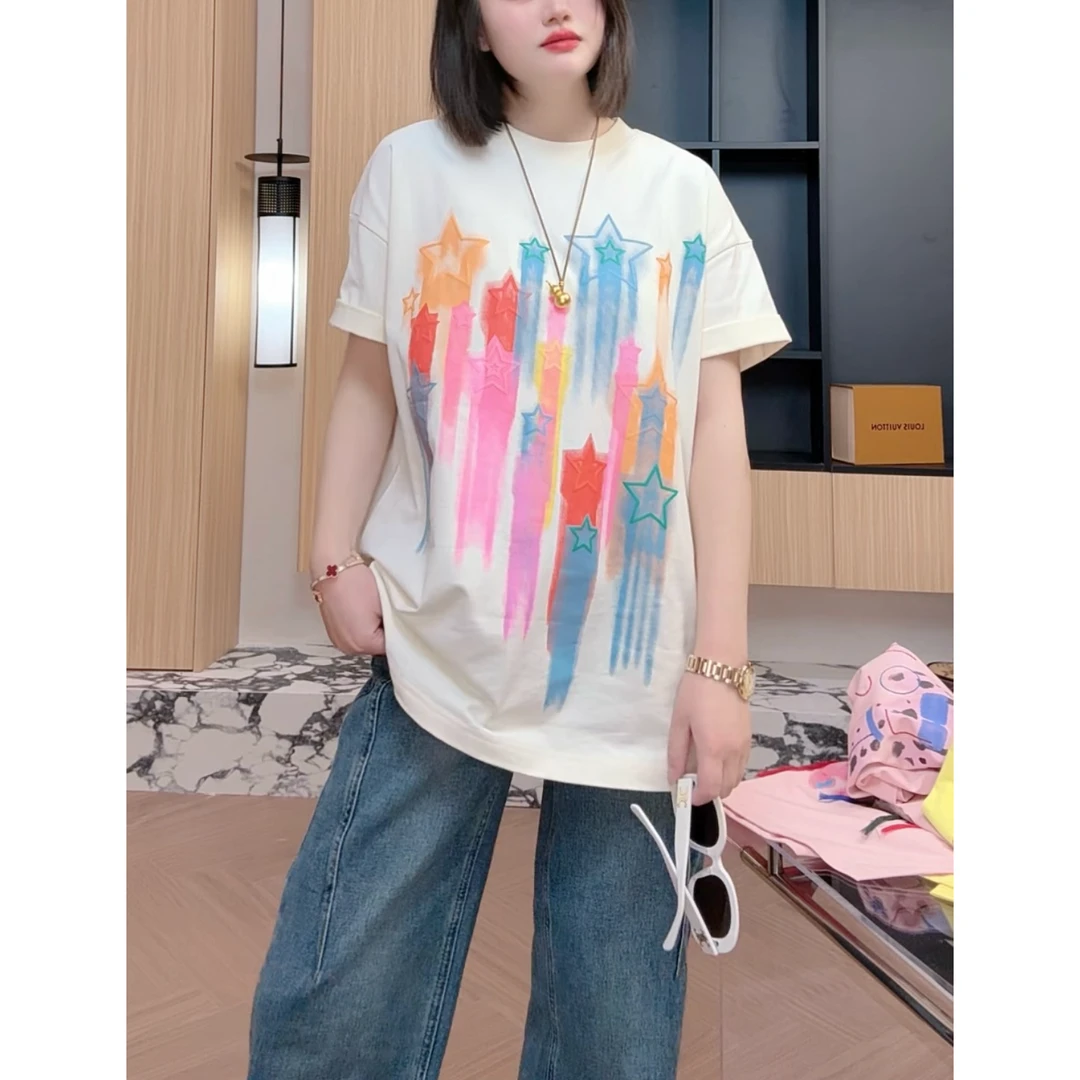 K·K[彩色涂鸦星星]夏季新款短袖气质纯棉圆领T恤