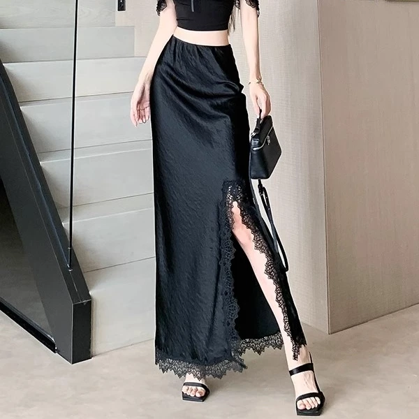 蕾丝接拼开叉包臀缎面半身裙2025夏天薄款半身裙醋酸缎面a字长裙