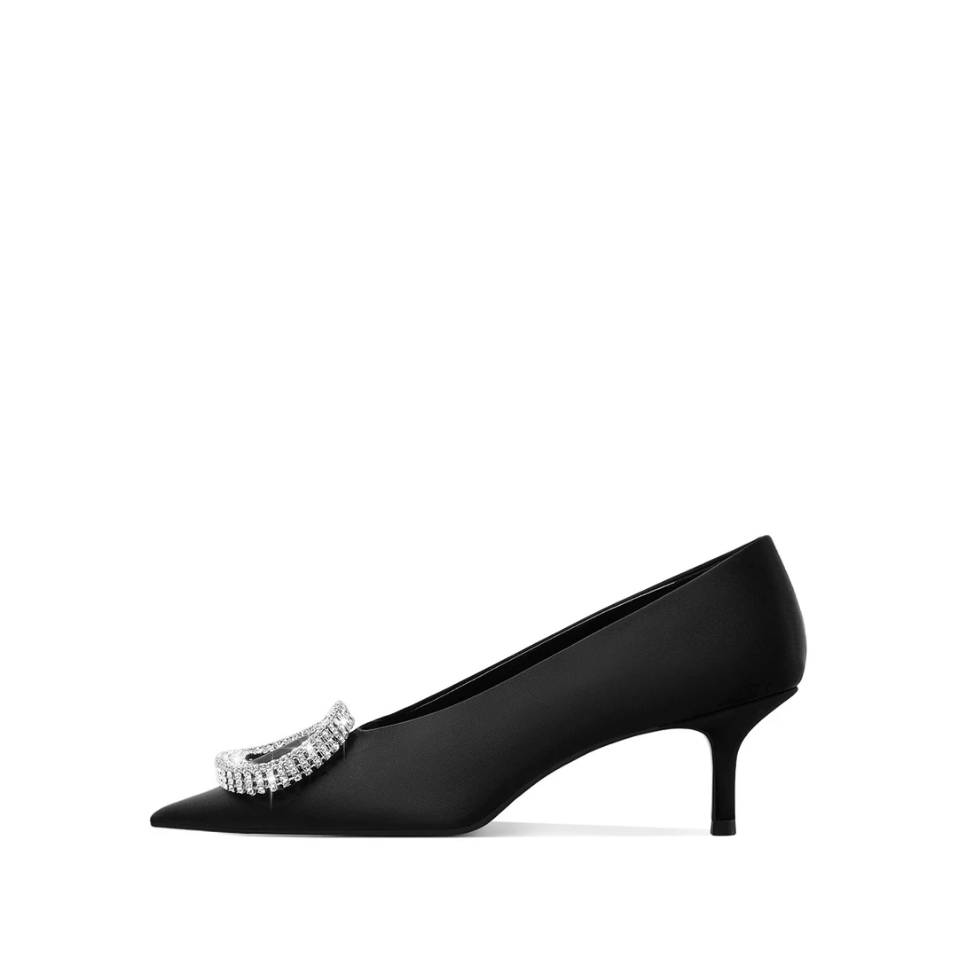 HOOV A/W小众原创黑色V口水钻高跟鞋女细跟2025新款尖头绸缎单鞋