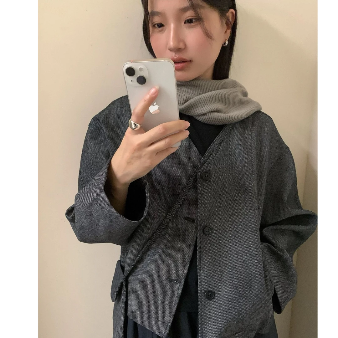 薄款时尚圆领条纹大袖女百搭黑色毛呢外套秋冬短款休闲长袖