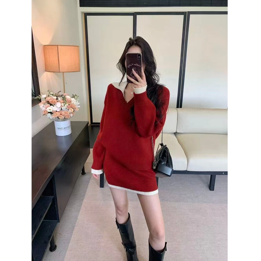 秋冬休闲学院风撞色V领翻领宽松针织衫+包臀半身裙两件套时尚套装